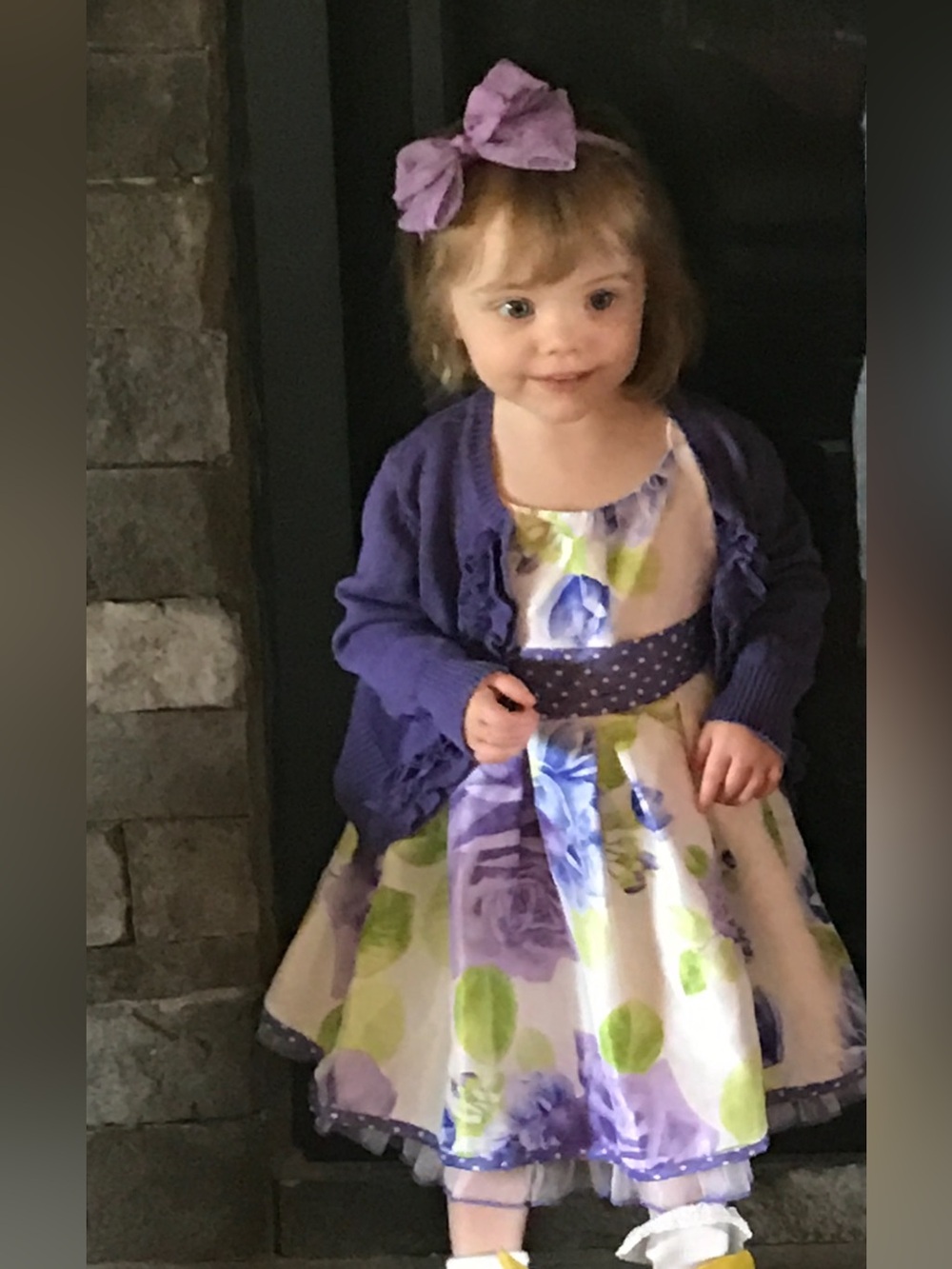 Purple Floral Girls' Party Dress with polkadot bow